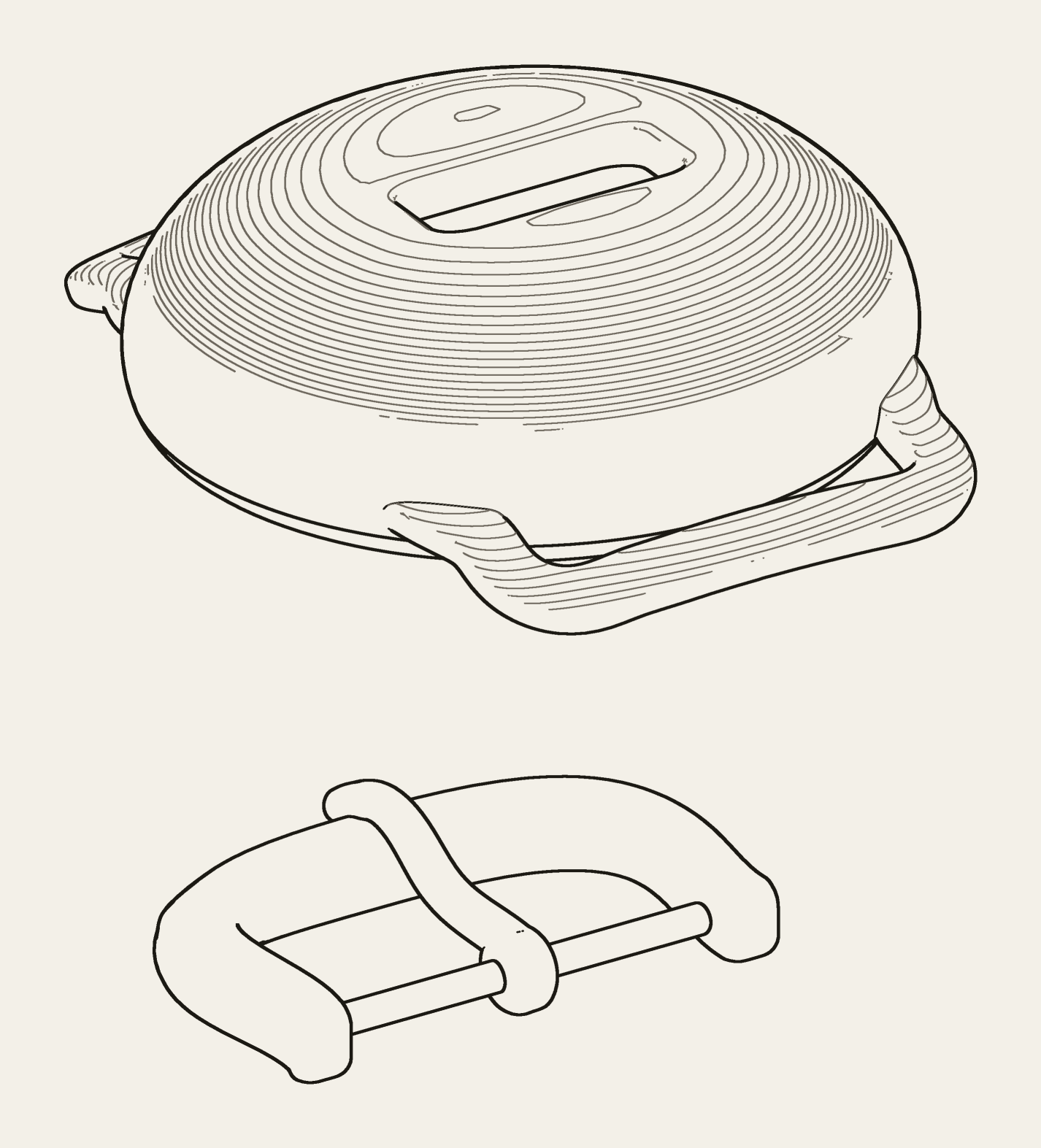 Line drawing from the CAD model: a round titanium case with a domed top, and below it the titanium buckle with its tongue